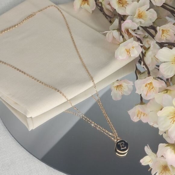 Pendant Necklace Alphabet Letter E Gold & Black Initial Coin Pendant Necklace - Picture 4 of 8